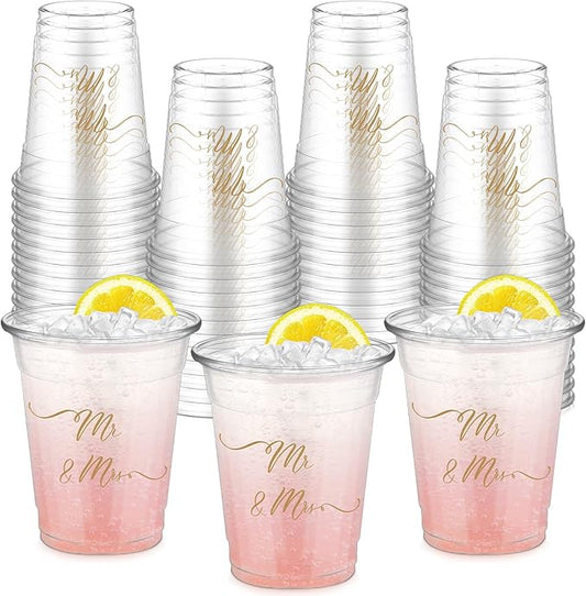 50 Pcs Mr and Mrs Cups 12 oz Plastic Wedding Cups Clear Engagement