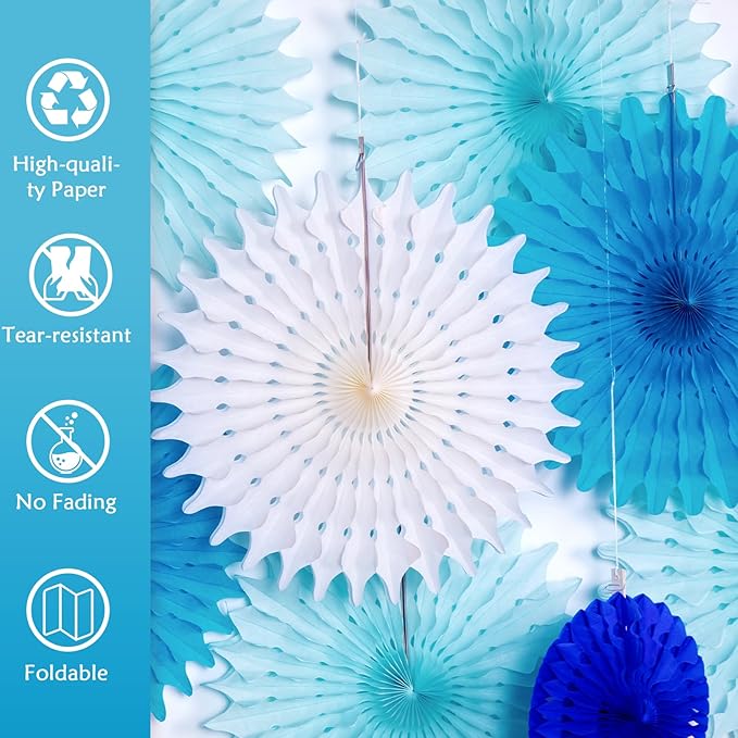 SUNBEAUTY Pack of 13 Blue White Hanging Honeycomb Paper Fans Party