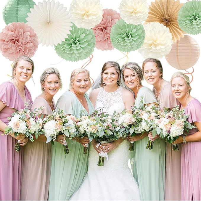 Sage Green Pink Bridal Shower Bachelorette Party Decorations 22pcs