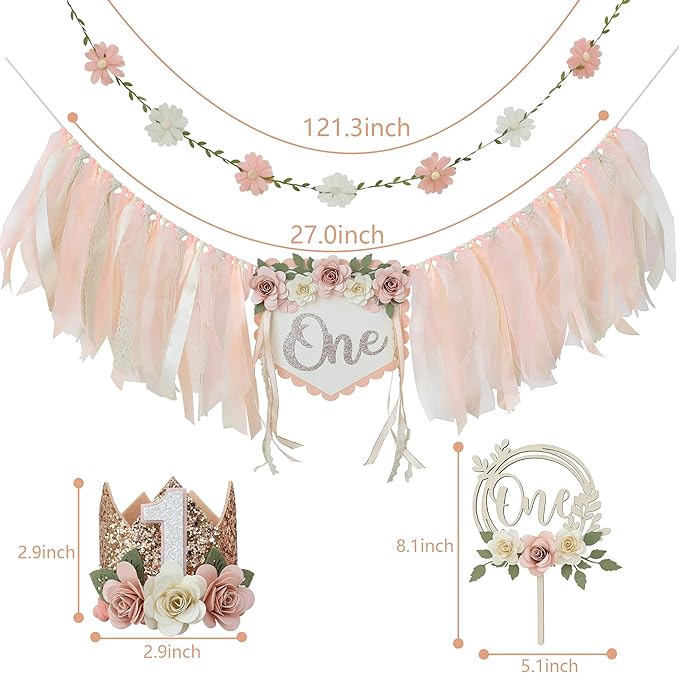First Birthday Decorations for Girl Light Pink High Chair Banner One