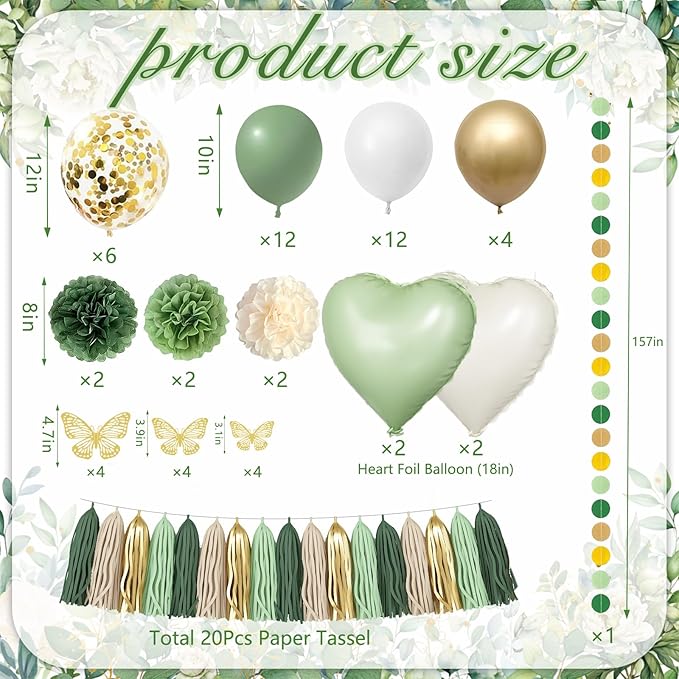 Sage Green Birthday Decorations Kit for Green Neutral Boho Party