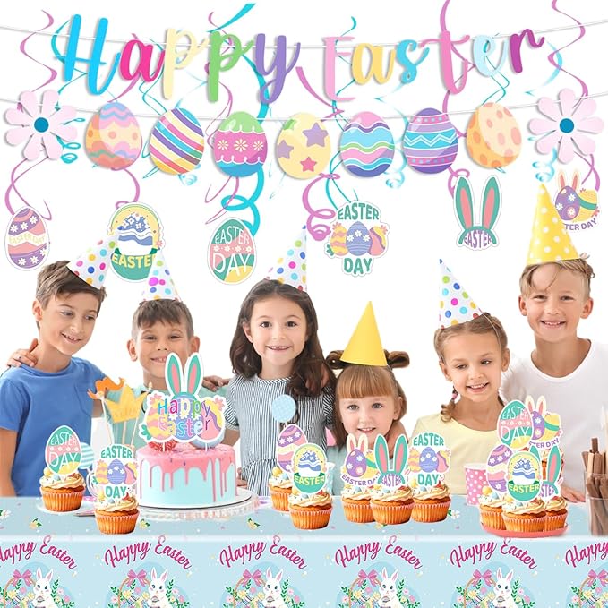 Easter Party Decorations Set with Happy Banner Rabbit Big Tablecloth