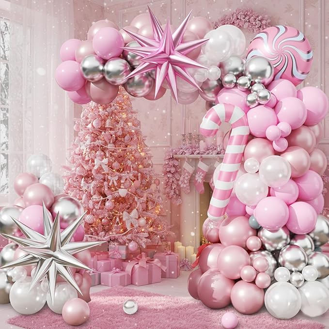 Christmas Balloon Arch Kit Pink and White Silver Balloons Garland