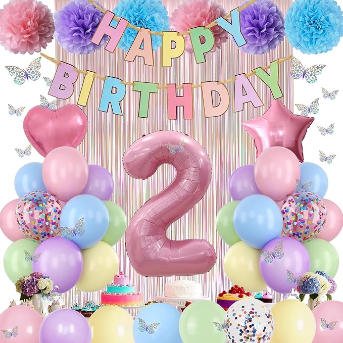 Pastel 2nd Birthday Party Decorations for Girls Number 2 Balloon