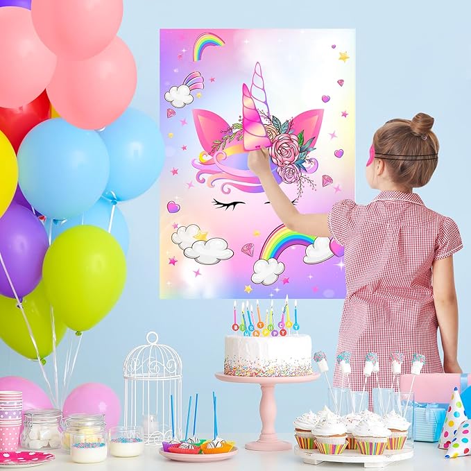 ASTARON Pin The Horn on The Unicorn Game for Kids Birthday Party,