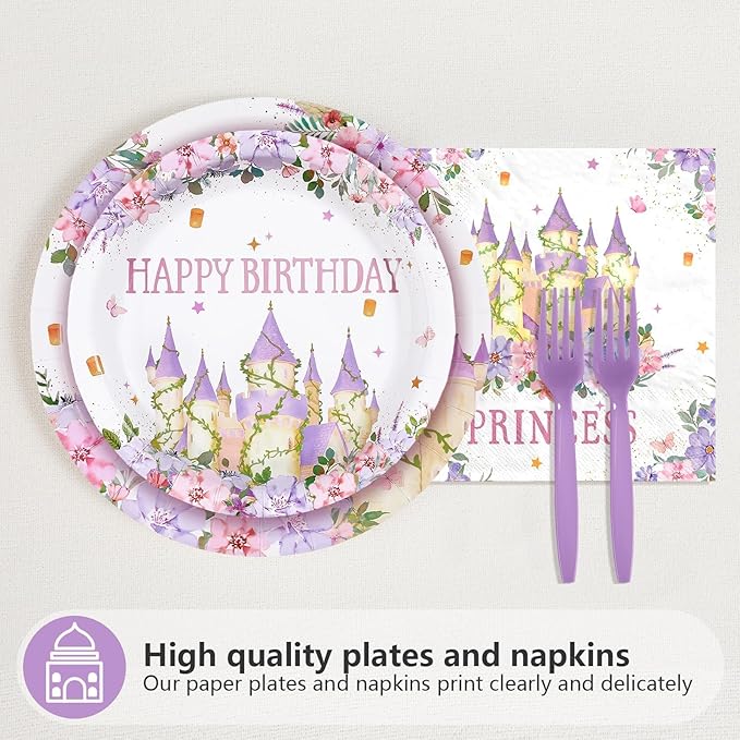 96Pcs Princess Birthday Party Supplies Purple Tower Castle Party