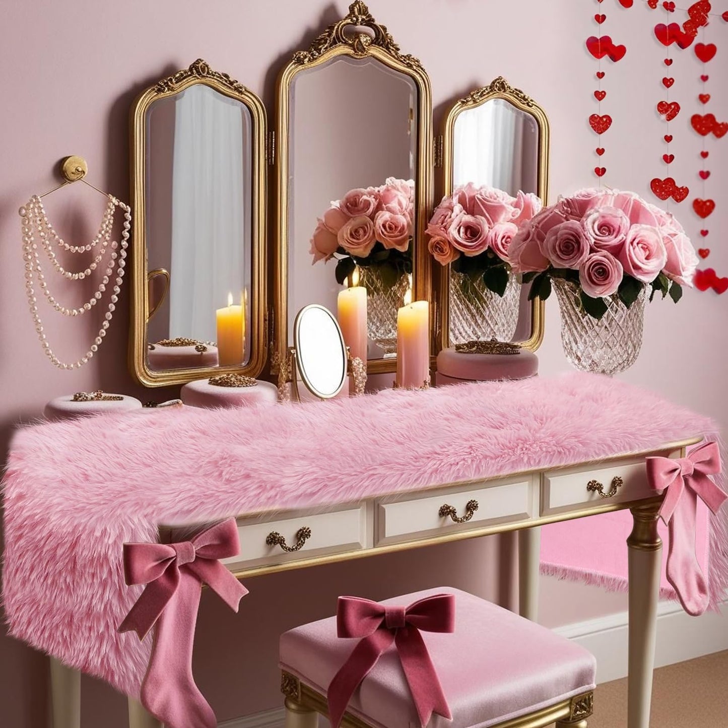 yuboo Pink Fur Table Runner 72 inches, Fluffy Pink Preppy Girly