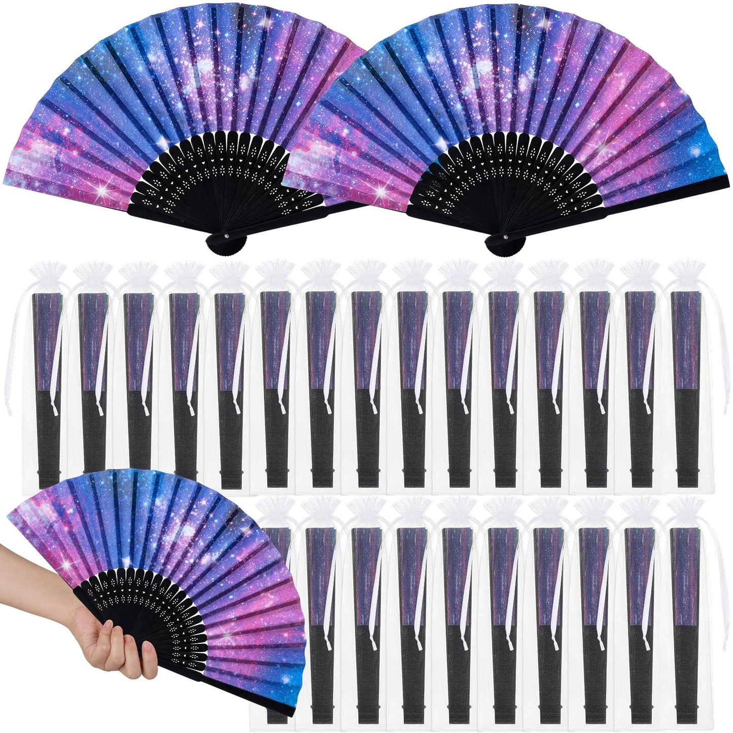 Memorywuu 25 Pcs Galaxy Folding Hand Fan Bulk with Organza Bags Space