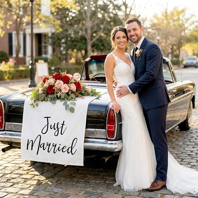 Just Married Car Decorations 24 x 60 Inch Just Married Linen Sign