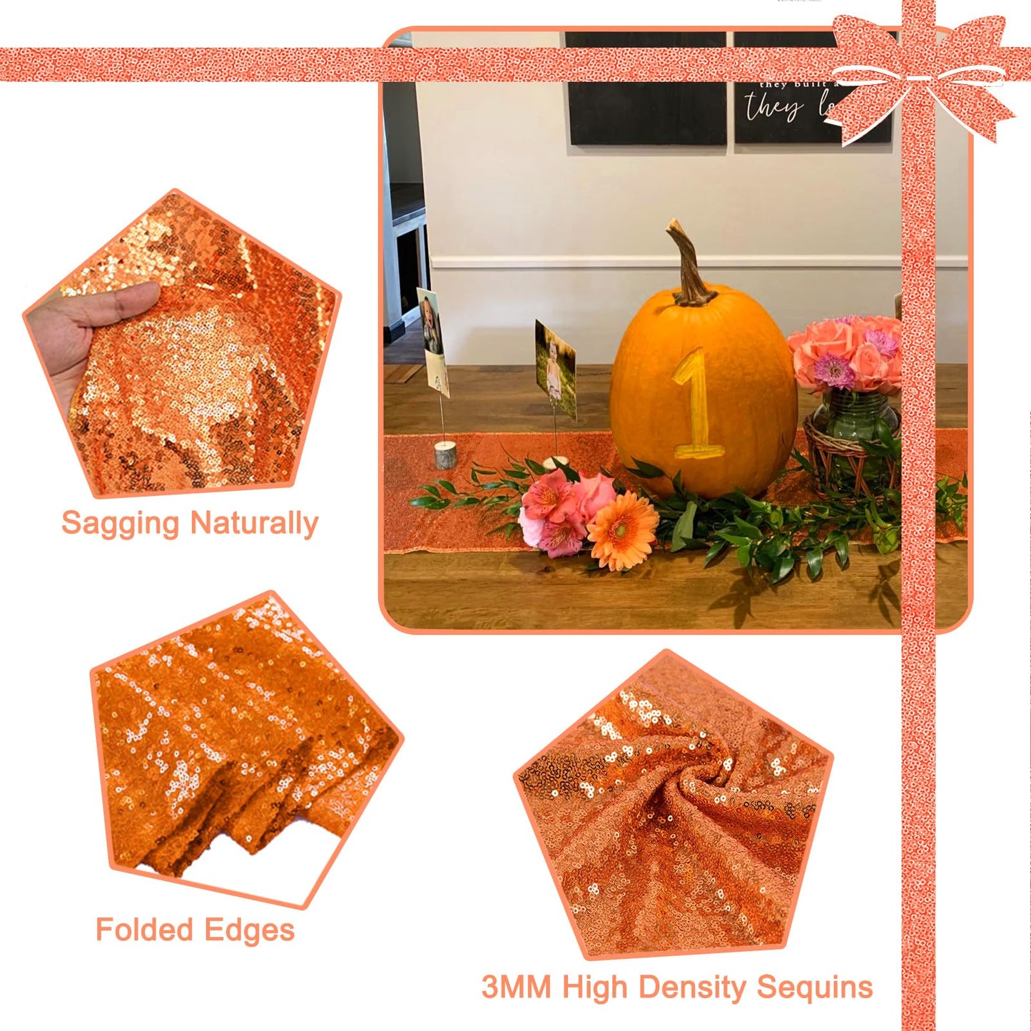 TCBESTO 2 Pack Orange Sequin Table Runner 12 x 72 Inch - High Density