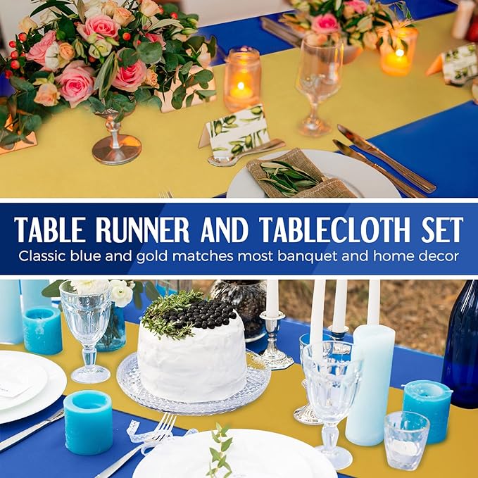 Breling 8 Pack Navy Blue and Gold Disposable Plastic Tablecloths and