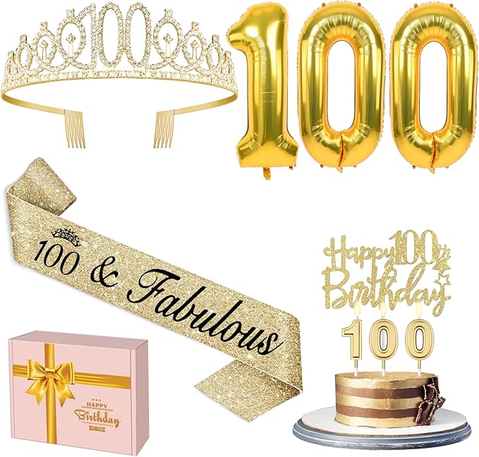 100th Birthday Decorations Women Gold with Crown and Sash Candles