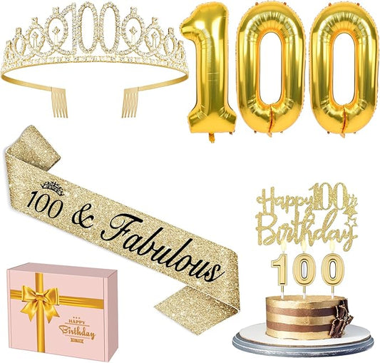 100th Birthday Decorations Women Gold with Crown and Sash Candles