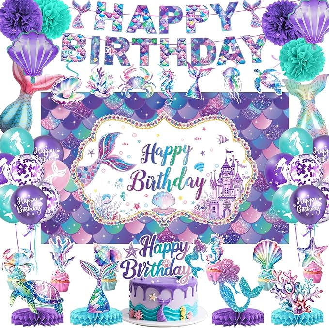 Mermaid Birthday Decorations Includes Banner Backdrop Foil & Latex