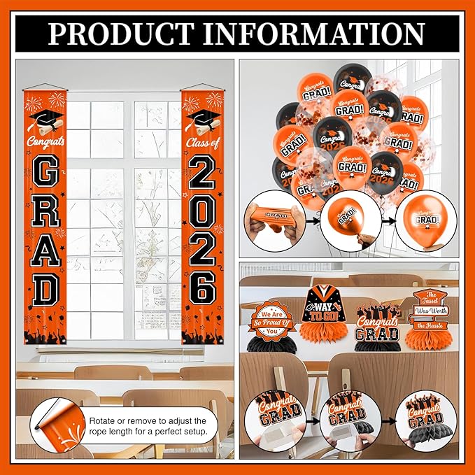Graduation Decorations 2026 Orange Graduation Party Decor Set include