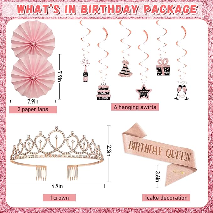 Rose Gold Birthday Decorations for Women 37Pcs Happy Queen Party Kit