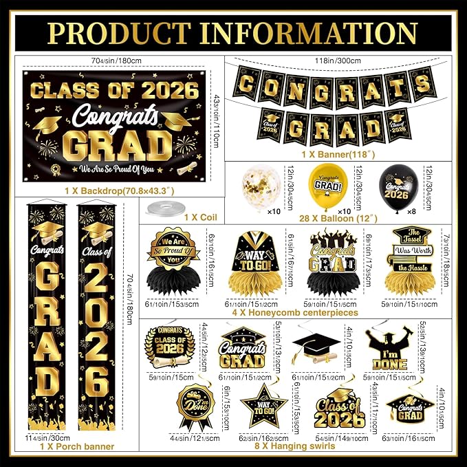 Graduation Decorations Class of 2026 Black and Gold Party Decor Set