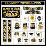 Graduation Decorations Class of 2026 Black and Gold Party Decor Set