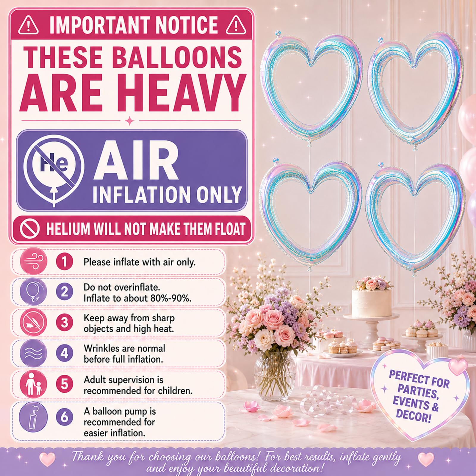 Iridescent Hollow Heart Balloons, 4 Pcs 40 Inch Clear Rainbow