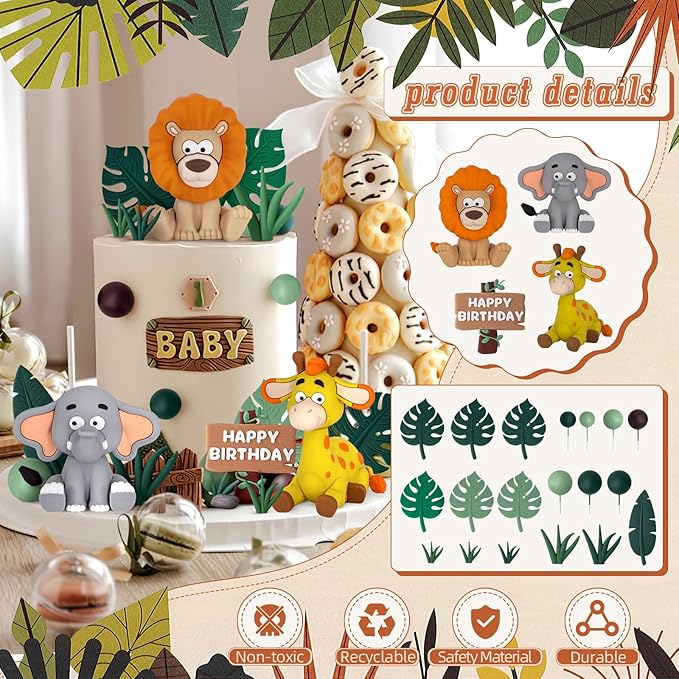 19pcs Safari Animal Cake Topper Jungle Wild Cake Toppers with Leaves