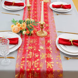 Snowkingdom Red Table Runner, 120 Inches Long Sheer Tulle with Gold