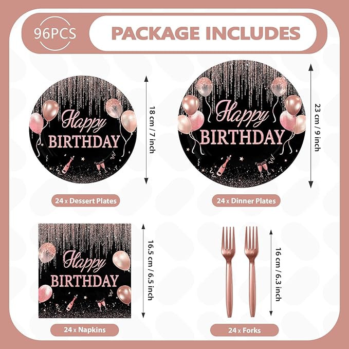 96 Pcs Rose Gold Birthday Decorations for Women Pink and Black