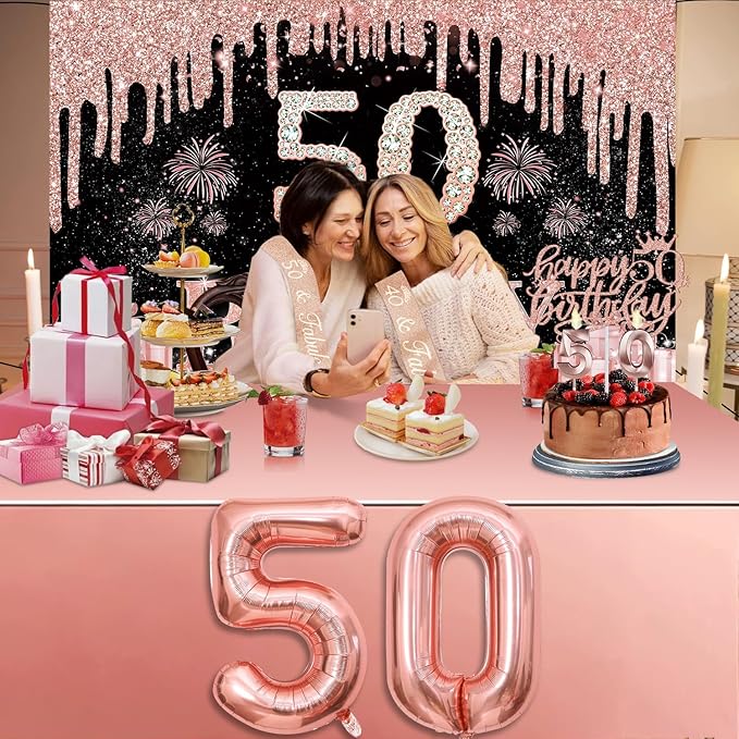 50th Birthday Decorations for Her with Banner Rose Gold Tablecloth