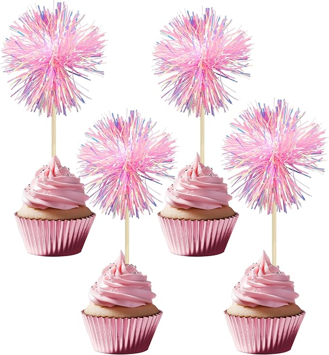 Gyufise 30Pcs Foil Firework Cupcake Toppers Sparkle Tinsel Cake #4