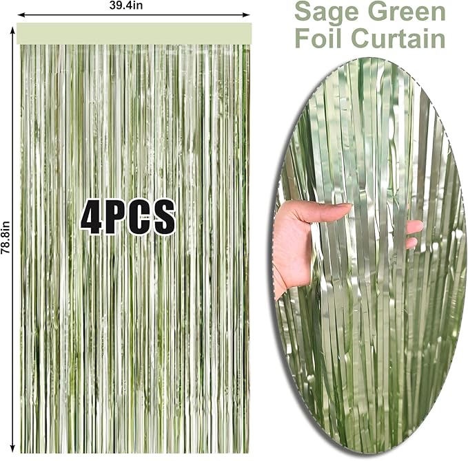 4 Packs Sage Green Foil Fringe Curtain, Light Green Glitter Metallic
