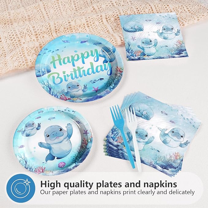 96Pcs Manatee Birthday Decorations Blue Under the Sea Plates and