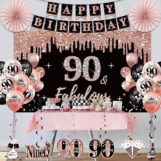 90th Birthday Decorations for Women 33pcs 90th Crown and Sash Black