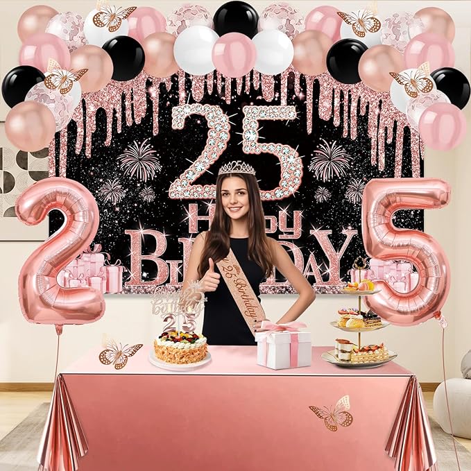 25th Birthday Decorations for Women 49pcs Black Rose Gold Black