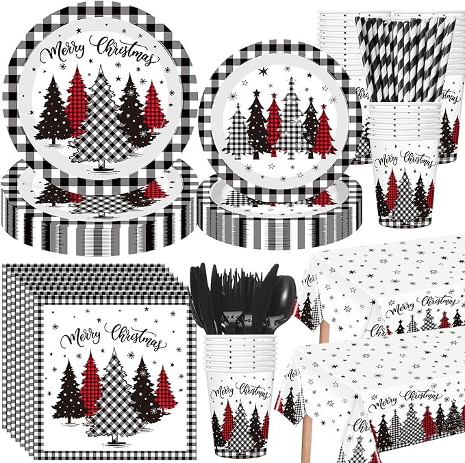 452 Pcs Christmas Tree Party Supplies for 50, Black Buffalo Plaid