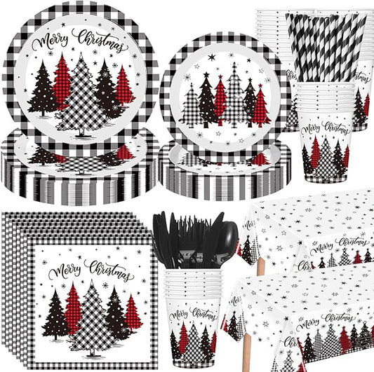 452 Pcs Christmas Tree Party Supplies for 50, Black Buffalo Plaid