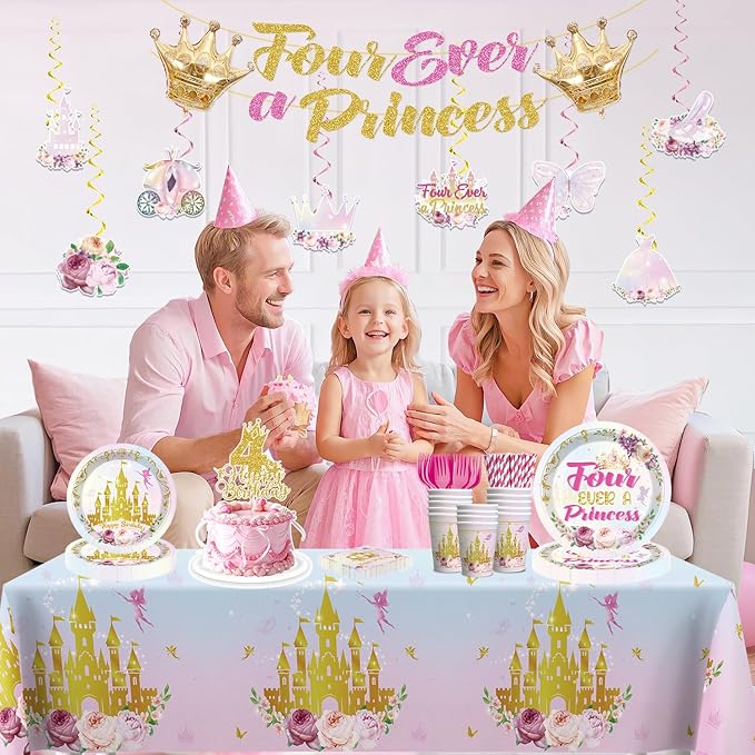 Xynic 201Pcs Four Ever a Princess Birthday Decorations Tableware Set