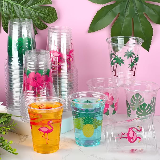 50 PCS Hawaiian Luau Cups 12 oz Plastic Tropical Cups Hawaii Party
