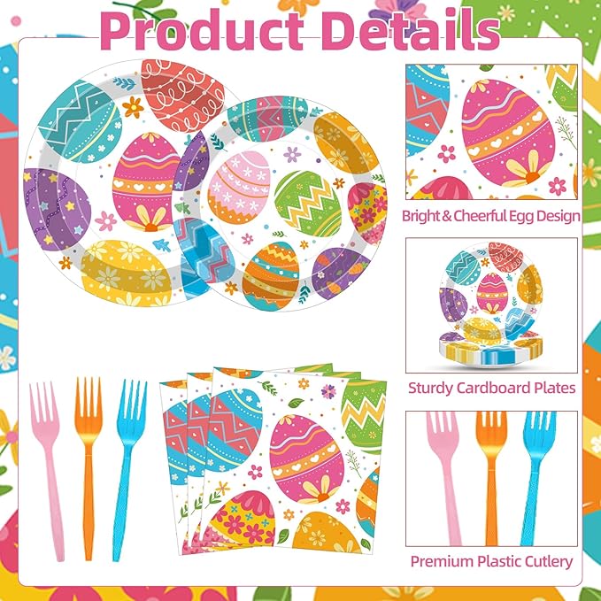 100 Pcs Easter Egg Tableware Party Supplies Set Serves 25 Disposable