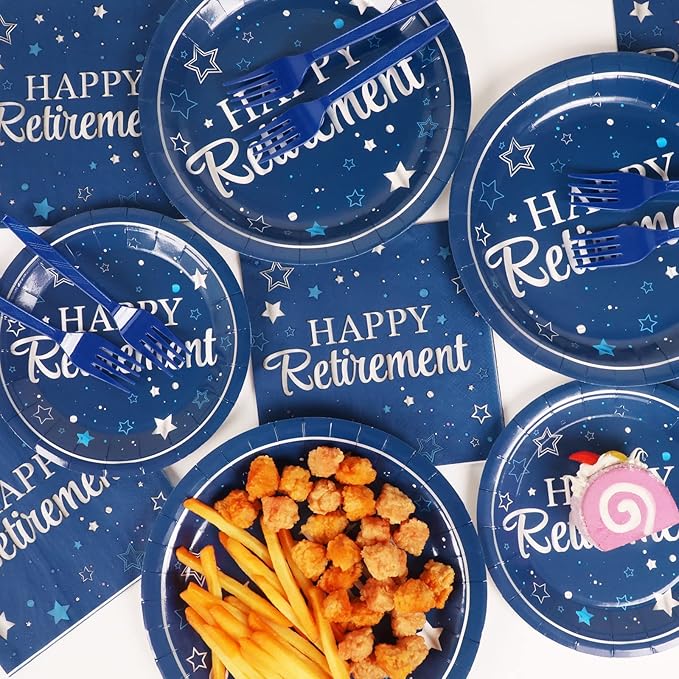 96Pcs Blue Retirement Plates and Napkins Blue Silver Retirement