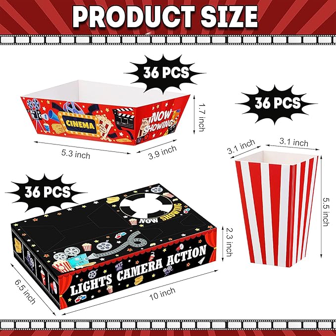 108 Pcs/ 36 Sets Movie Night Snack Trays Popcorn Boxes Cardboard