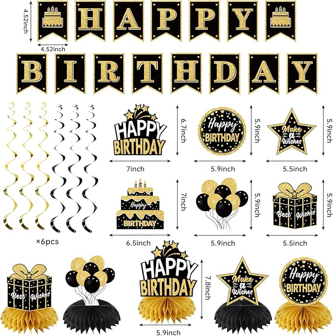 20Pcs Black and Gold Birthday Party Decorations Kit for Men Women