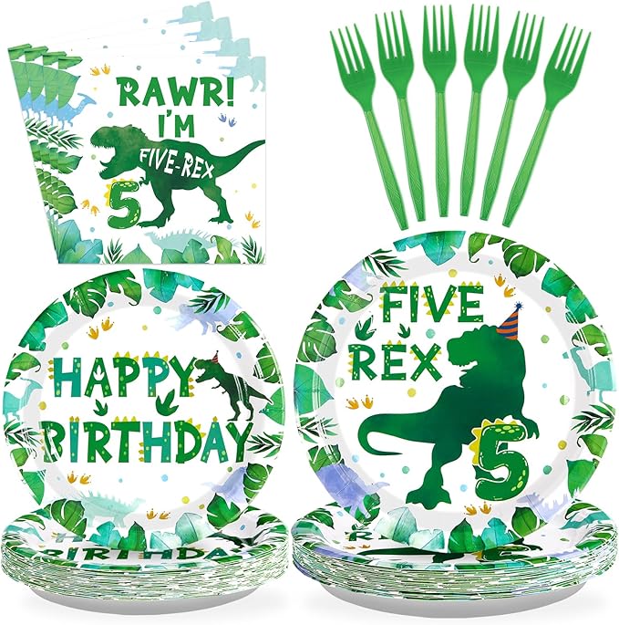 96 Pcs Dinosaur 5th Birthday Decorations Five Rex Plates and Napkins