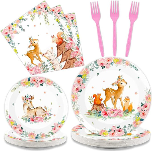 96PCS Woodland Baby Shower Tableware Set Girls Pink Safari