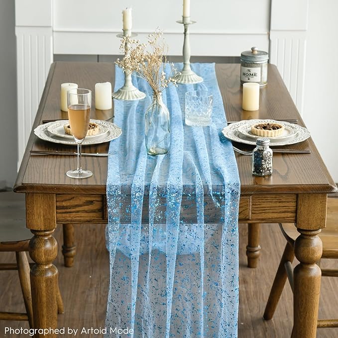 Artoid Mode 6PCS Light Blue Gauze Table Runner 120 Inch 10FT, Glitter