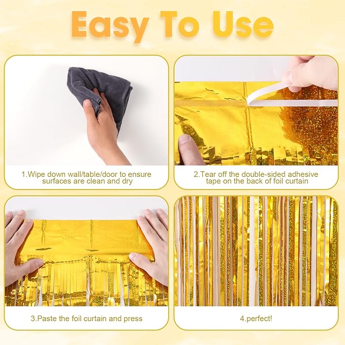 Voircoloria 2 Pack Laser Gold Foil Fringe Backdrop Curtains, Tinsel