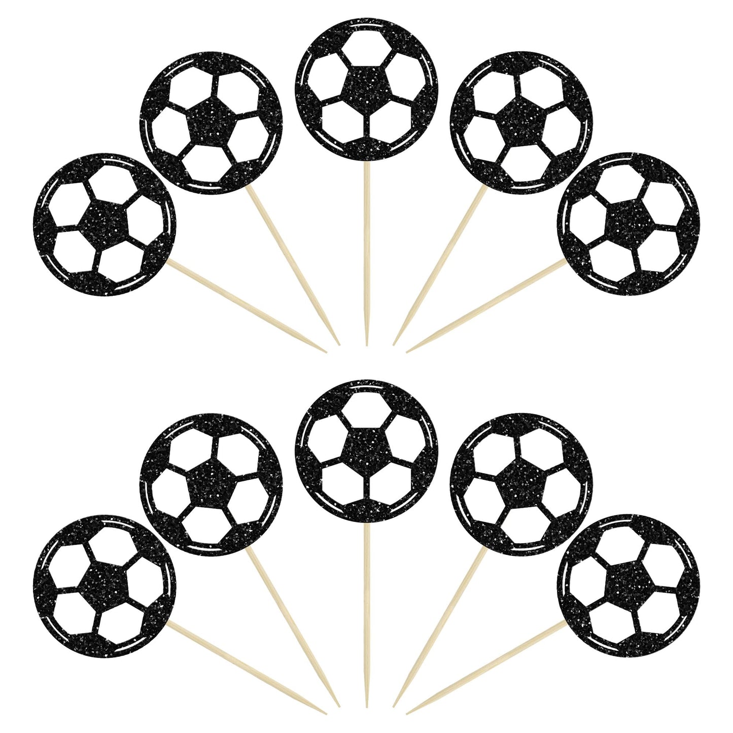 24Pcs Soccer Ball Cupcake Toppers Black Glitter Sports Theme Football
