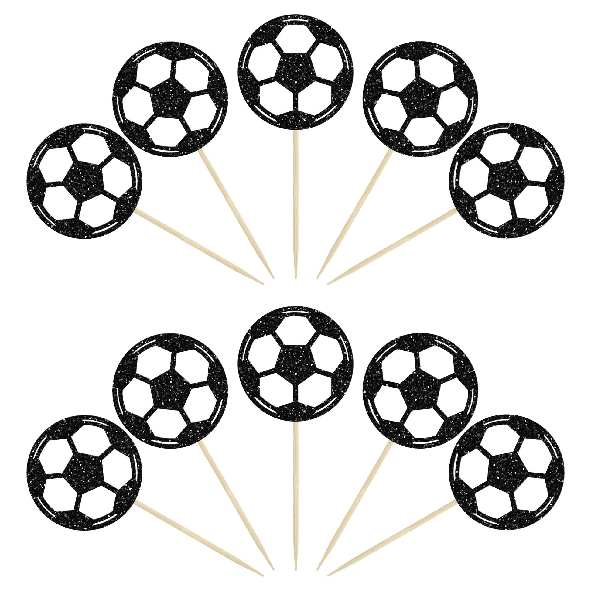 24Pcs Soccer Ball Cupcake Toppers Black Glitter Sports Theme Football