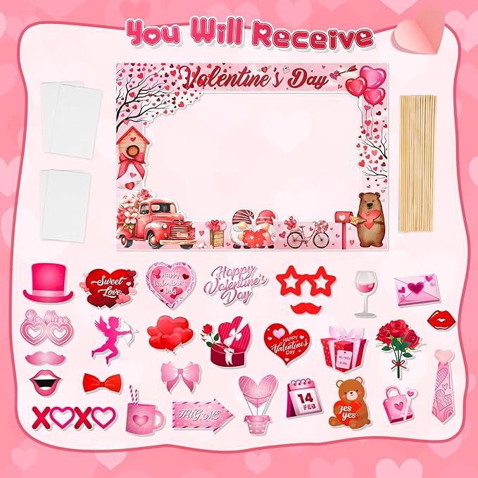 Happy Valentine's Day Photo Booth Props with Photo Frame Red and