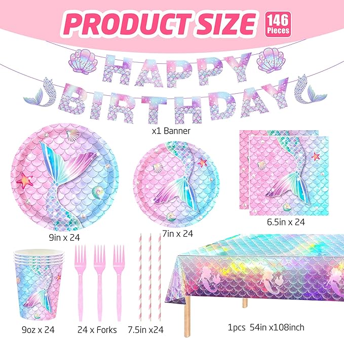 146Pcs Mermaid Plates and Napkins mermaid Party Supplies Includes