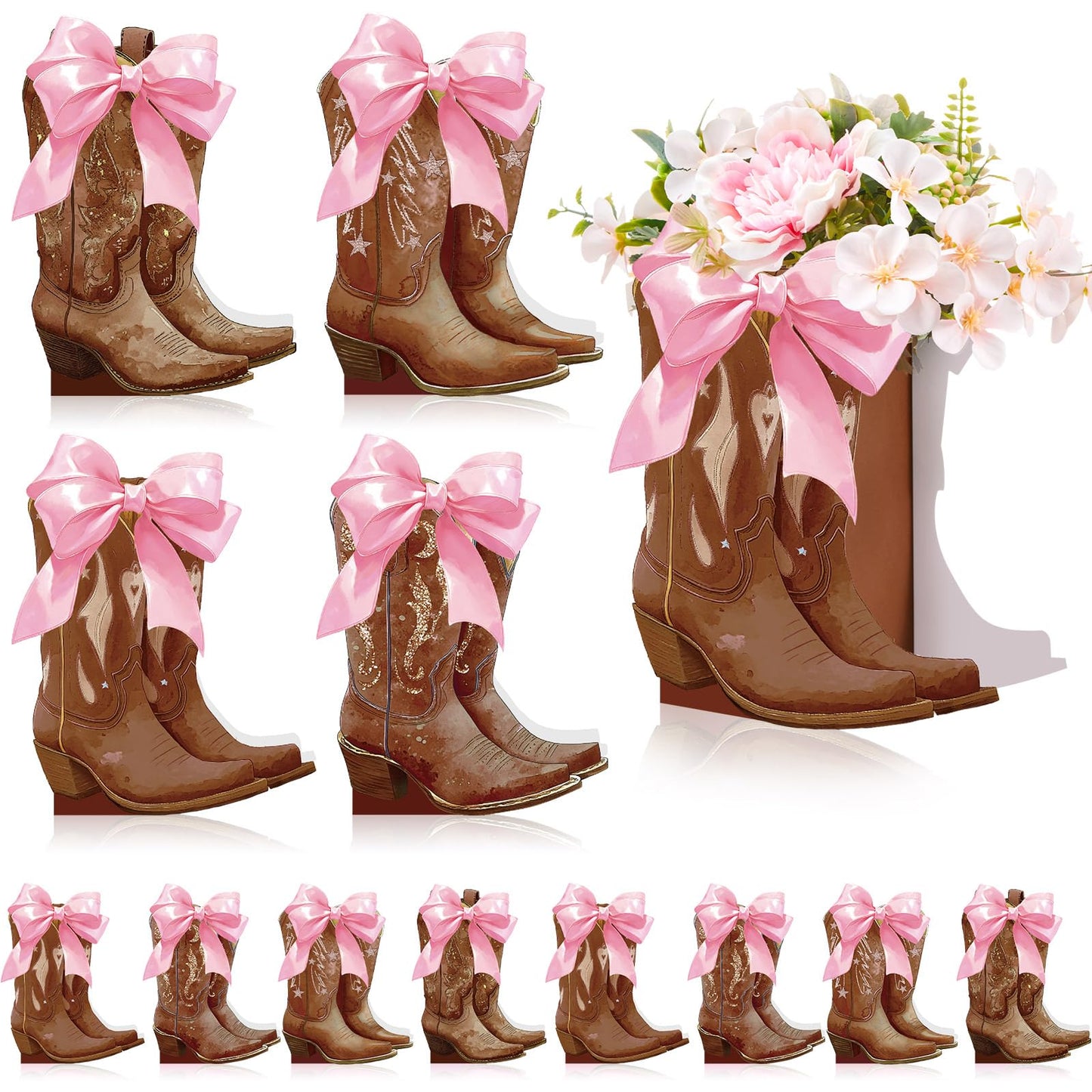 Memorywuu 12 Set Brown Western Cowboy Bow Boots Flower Boxes