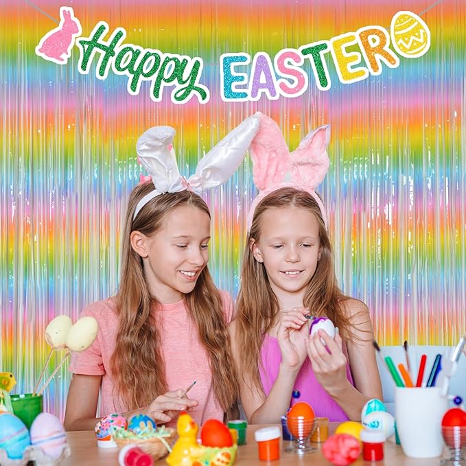 Melsan Pastel Tinsel Backdrop for Easter Decorations, Macaron Rainbow